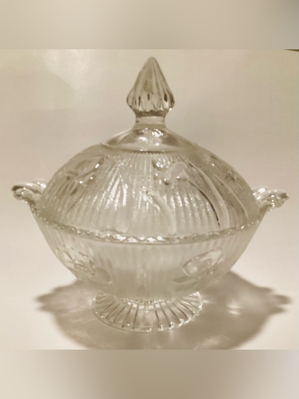 Jeanette Glass Vintage Iris And Herringbone Glass Footed Candy Bowl, as is